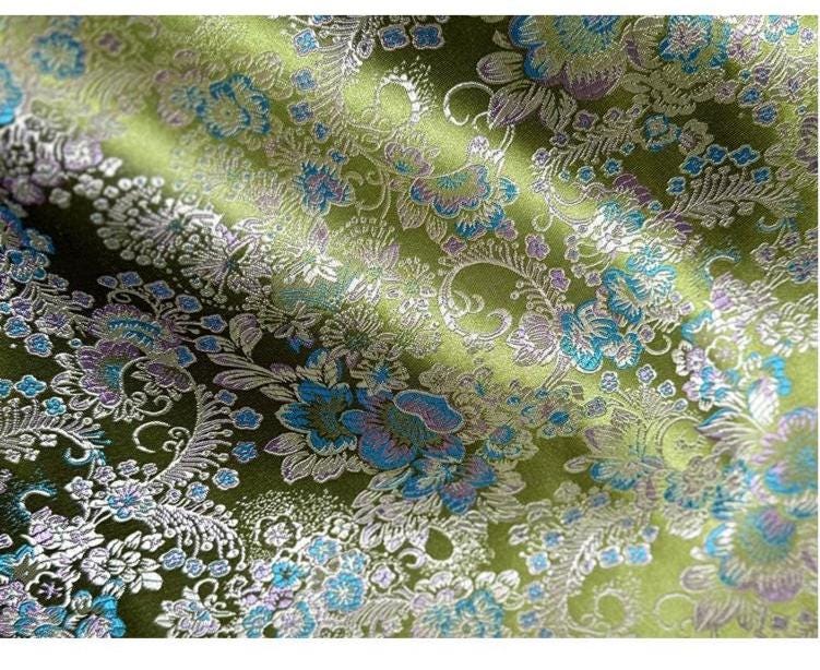 Tissu jacquard brocart vert : Satin brodé de motifs floraux et de vignes de Kuilong chinois