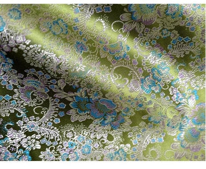 Tissu jacquard brocart vert : Satin brodé de motifs floraux et de vignes de Kuilong chinois