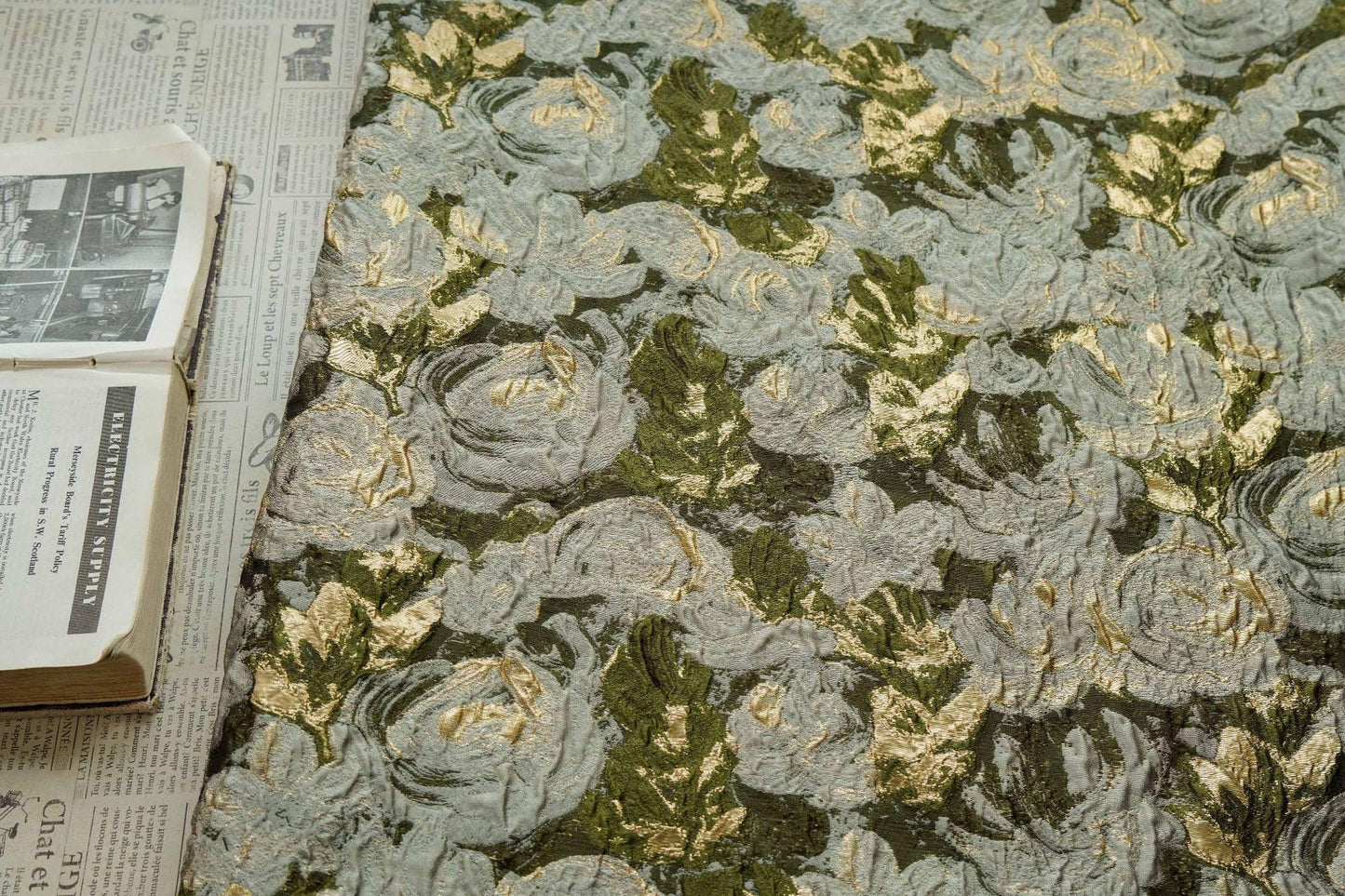 Green Jacquard Woven Fabric: 3D Gold Thread Embossed Texture, 57" Wide