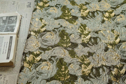 Green Jacquard Woven Fabric: 3D Gold Thread Embossed Texture, 57" Wide