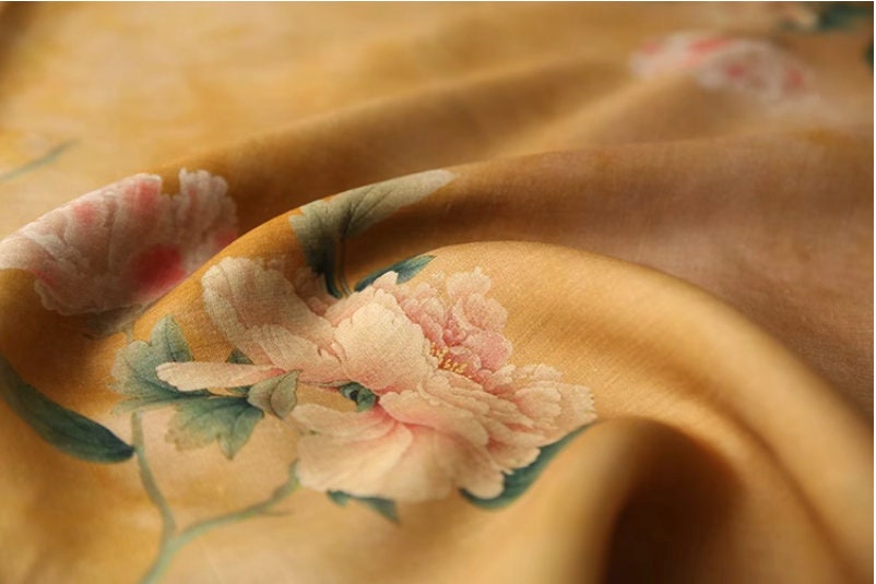 Floral Ramie Fabric: Dunhuang Ink Painting, Natural Fiber (57"W)