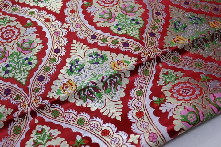 29"W Vintage Tibetan Brocade Fabric: Green Silk Rayon Textile