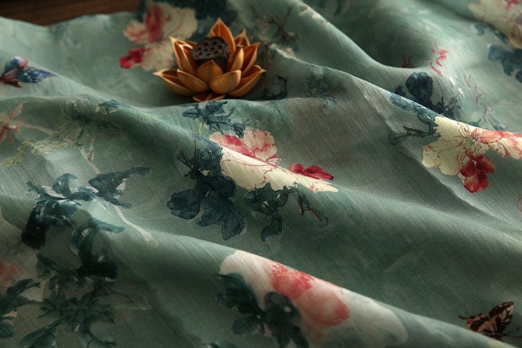 Tissu ramie imprimé floral : matériau de couture de style asiatique, 145 cm de large
