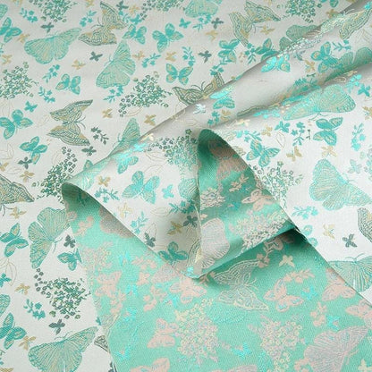Tissu brocart de soie vert turquoise : jacquard à motifs floraux papillons, 147 cm de large