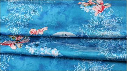 Teal Floral Tea Silk Satin Fabric: Digital Print, 59" Wide