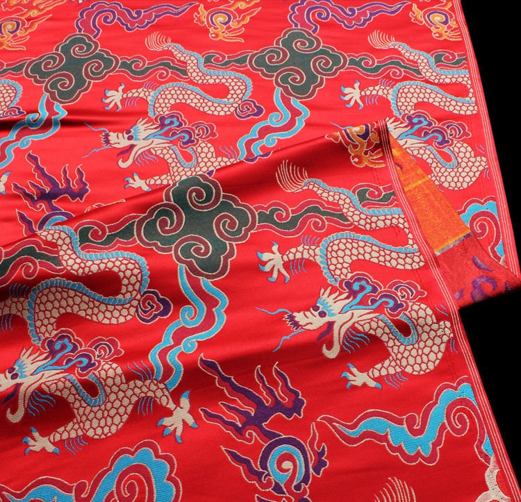 Gold Chinese Dragon Fabric: Silk Rayon Brocade, 29"W, Sewing Upholstery