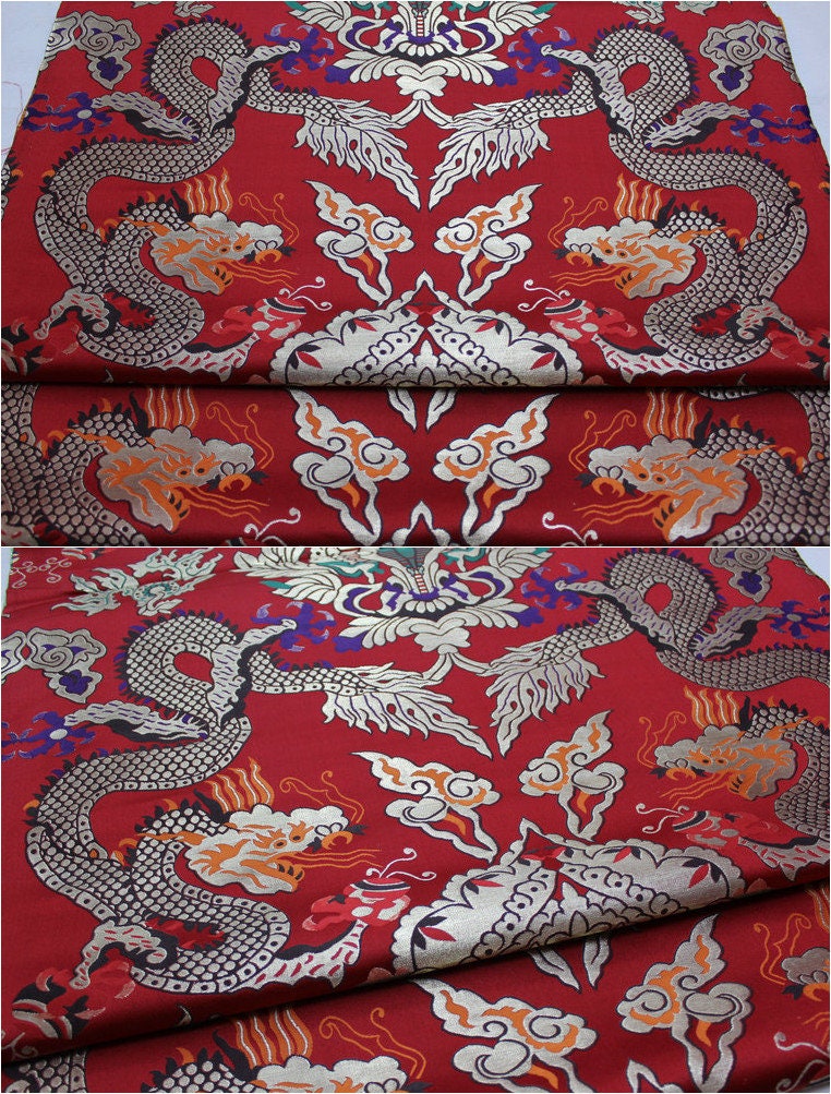 Red Chinese Dragon Brocade Fabric: Silk Rayon Blend, 29"W