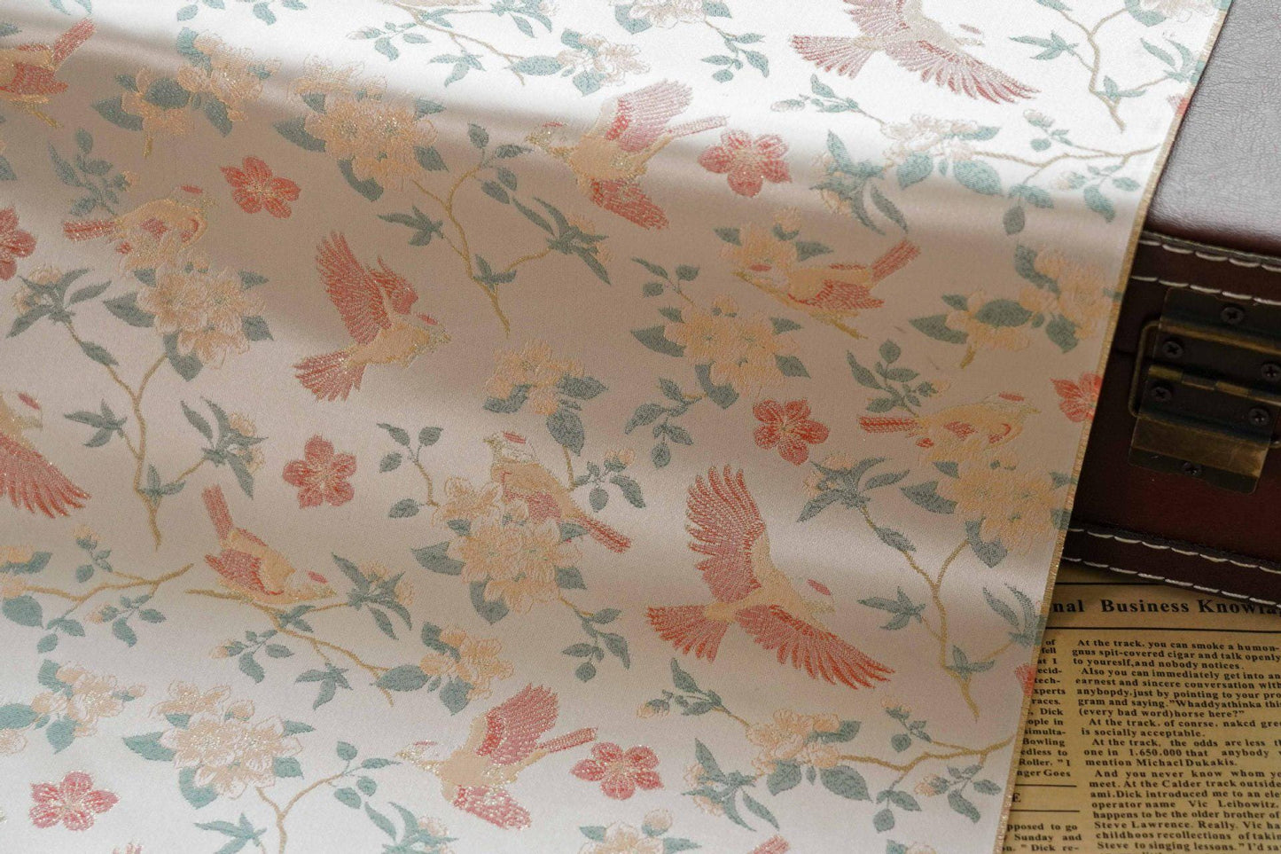 Crane Bird Jacquard Satin Fabric: 59"W Brocade Upholstery & Drapery