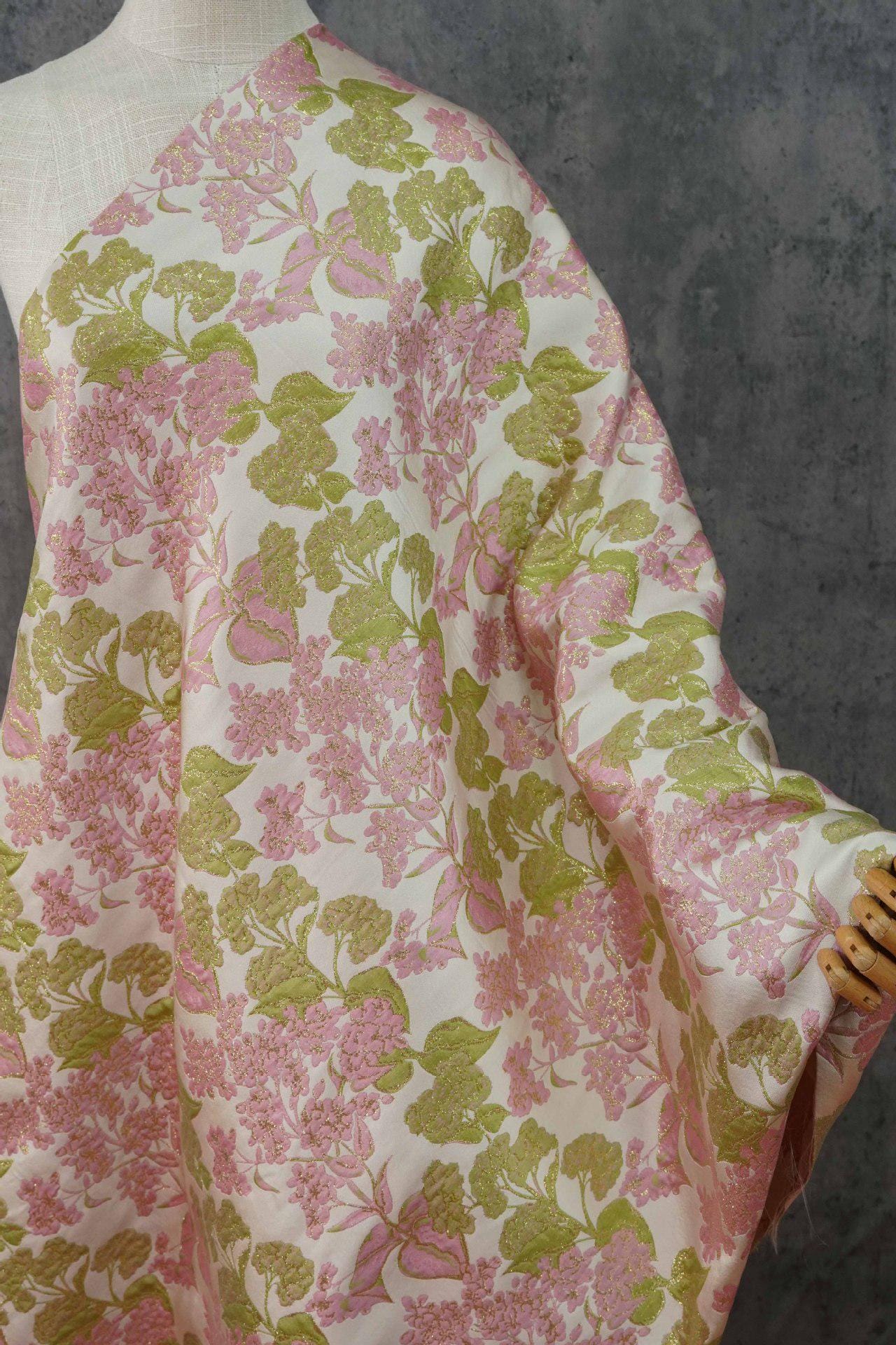 Pink Floral Jacquard Brocade Fabric with Gold Thread, 58" Wide