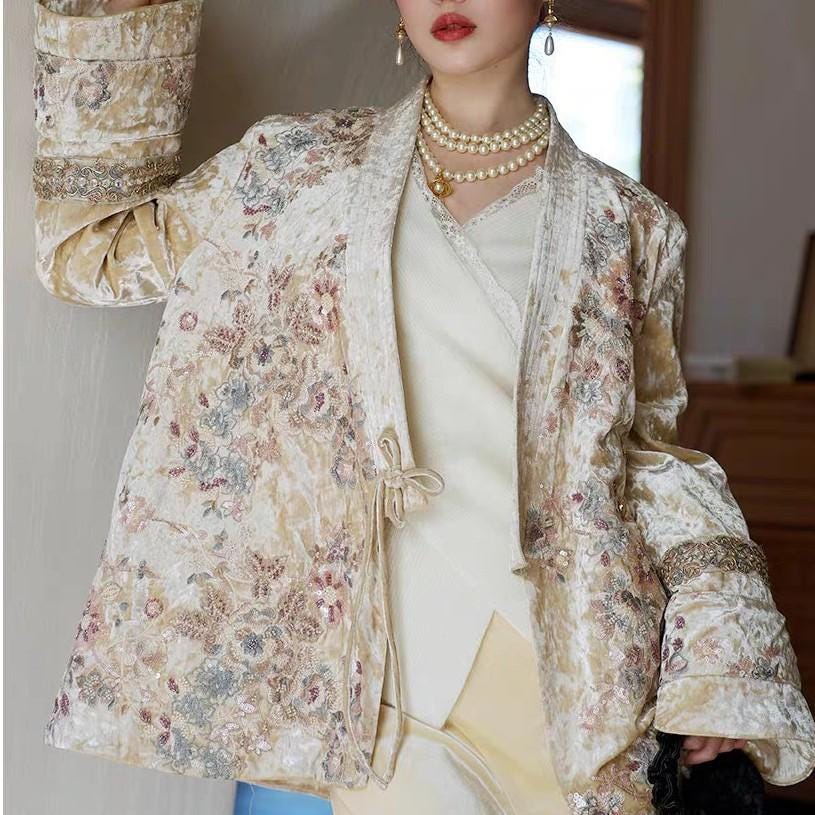 Sequin Embroidery Velvet Fabric: 49" Wide Chinese Style