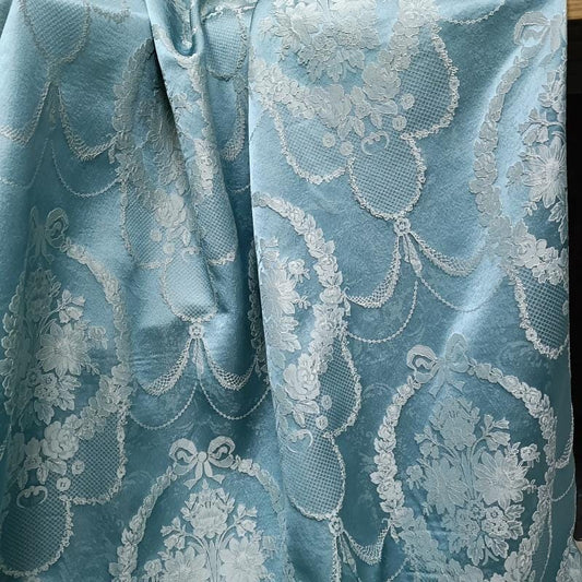 Tissu brocart jacquard à motif floral en relief bleu | Largeur : 140 cm