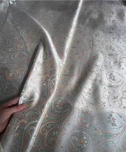 Floral Jacquard Rayon Fabric: Silver Green Cheongsam Qipao, 55"W