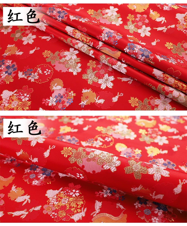 Tissu brocart jacquard Sakura Rabbit : rouge, rose, or, bleu (au mètre)