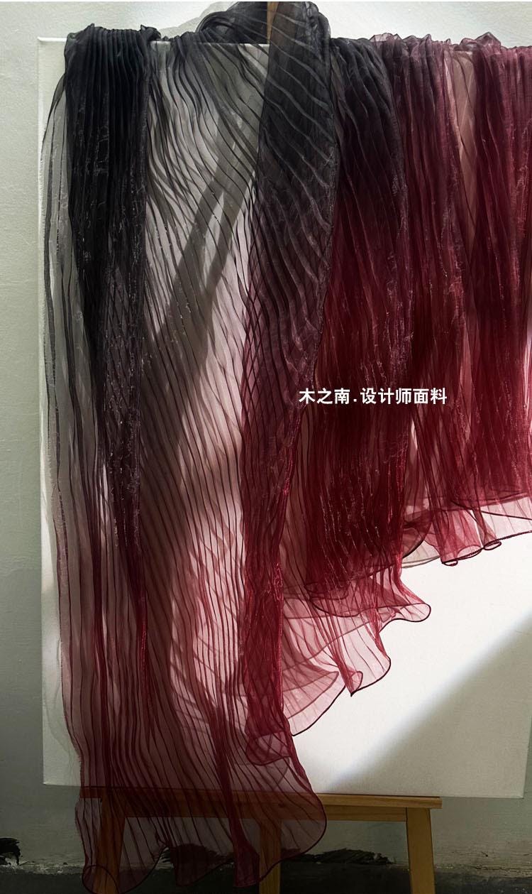 Black & Red Gradient Organza Fabric: Accordion Pleated, 55" Wide