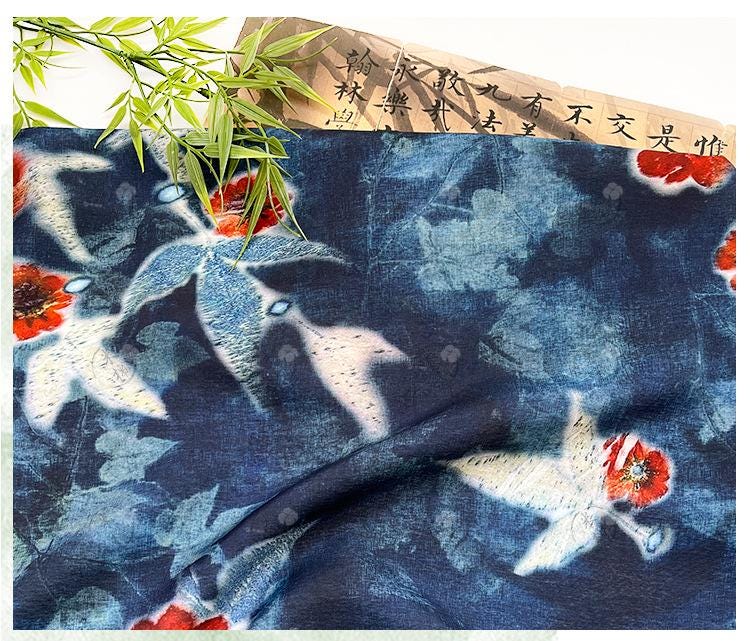 Indigo Butterfly Floral Cotton Fabric ��� Red Accent Pri" Wide
