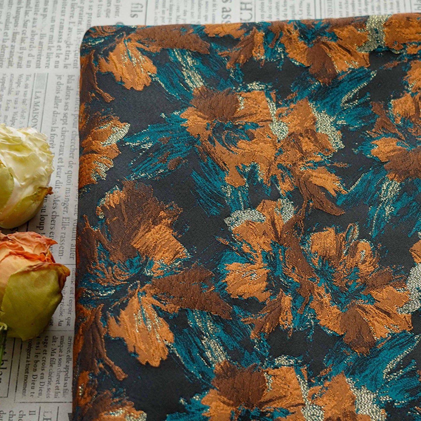 Floral Jacquard Fabric | 3D Embossed Gold Thread, 61" Wide