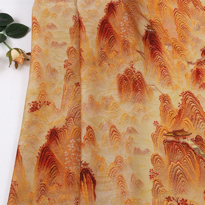 Tissu satiné à motifs orientaux : orange, bleu, 150 cm de large