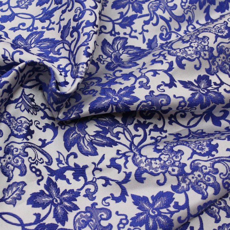Blue Floral Jacquard Satin Fabric - 59"W Silk Rayon Brocade