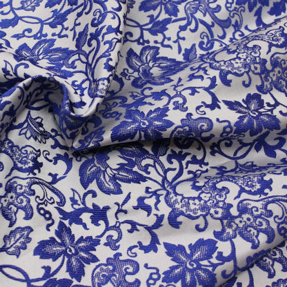 Blue Floral Jacquard Satin Fabric - 59"W Silk Rayon Brocade