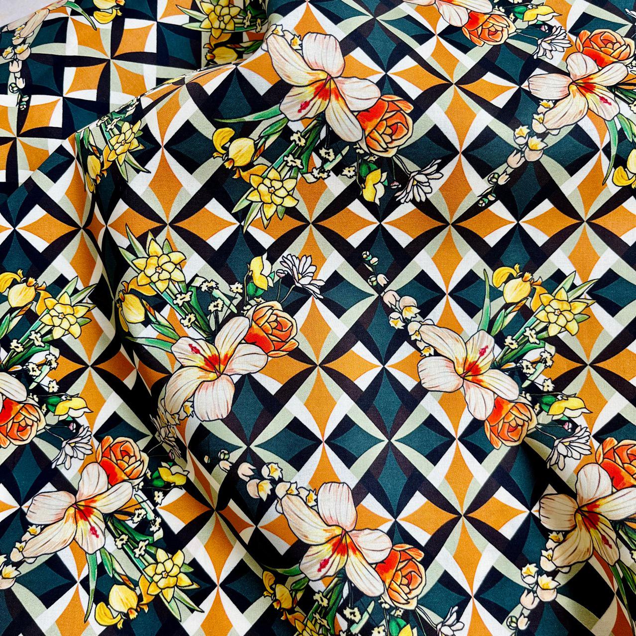 Floral Cotton Fabric: 60s Style Print, 59" Wide, Sewing & Upholstery