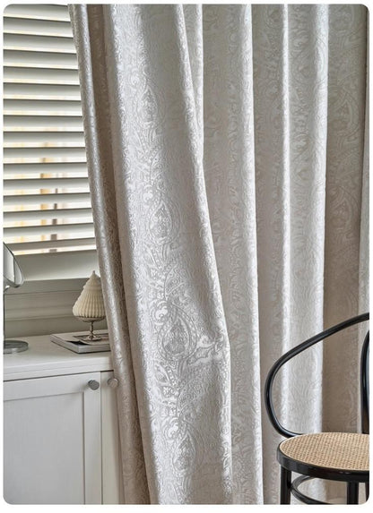 French Vintage Paisley Jacquard Curtain Fabric ��� Luxury Embossed Cream Drapery, 114��� Extra-Tall Height, Sold by the Meter, Co