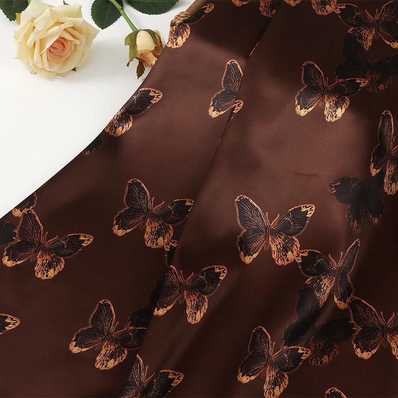 Gold Butterfly Tea Silk Satin Fabric: 59"W Digital Print, Costume & Decor