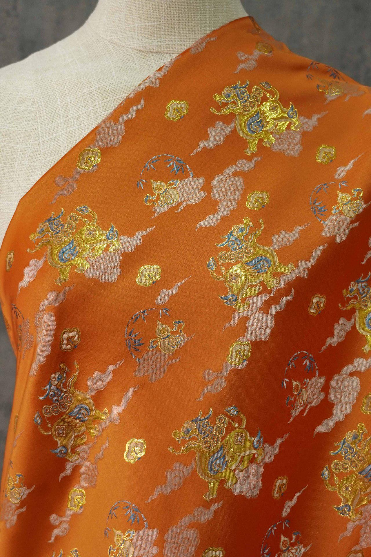 Gold Thread Brocade Fabric: Mongolian Tibetan Style, 60"W, By The Meter