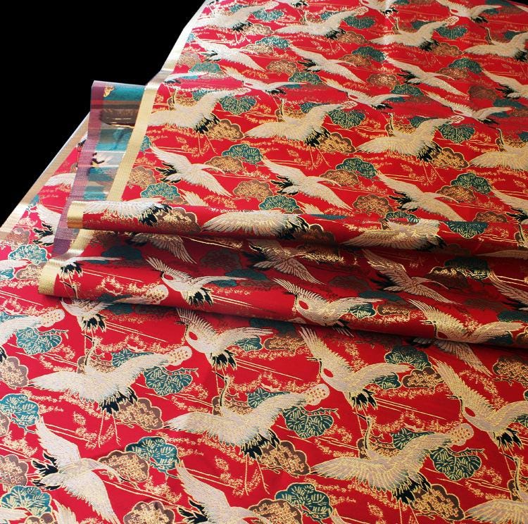 Crane Jacquard Satin Fabric: Gold Thread Bird Pattern (58"W)