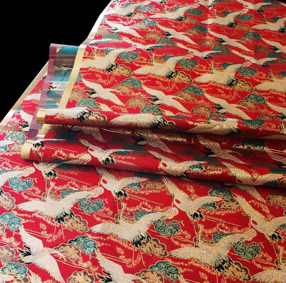 Crane Jacquard Satin Fabric: Gold Thread Bird Pattern (58"W)