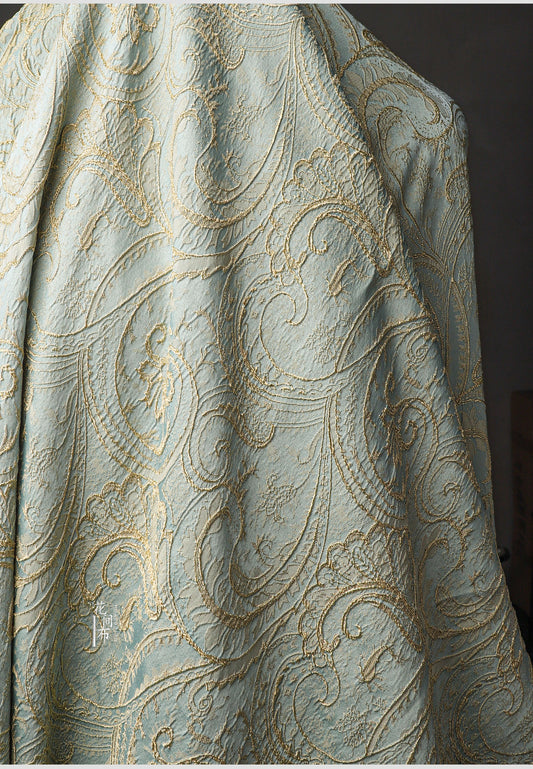 Tissu jacquard doré : mélange coton-lin de 142 cm de large, vendu au mètre