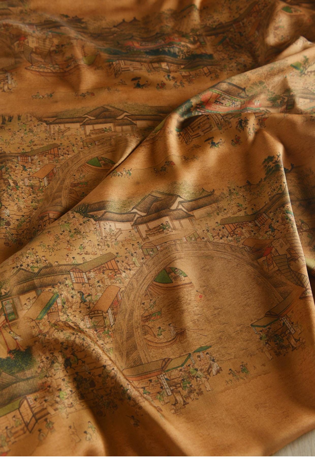 Tissu en coton pour la fête de Qingming : imprimé paysage fluvial, 140 cm de large