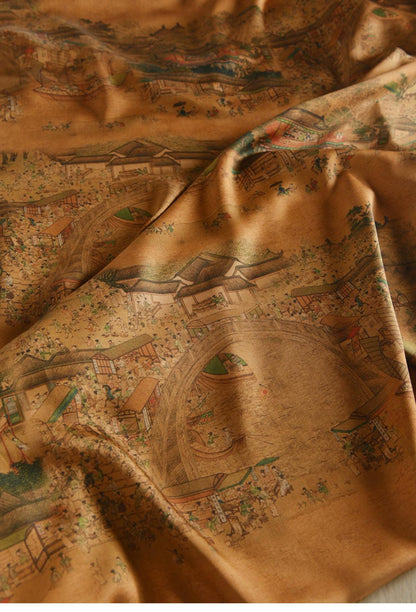 Tissu en coton pour la fête de Qingming : imprimé paysage fluvial, 140 cm de large