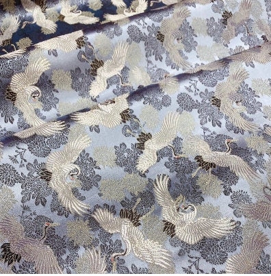 Blue Crane Jacquard Satin Fabric: Antique Cheongsam Sewing Fabric