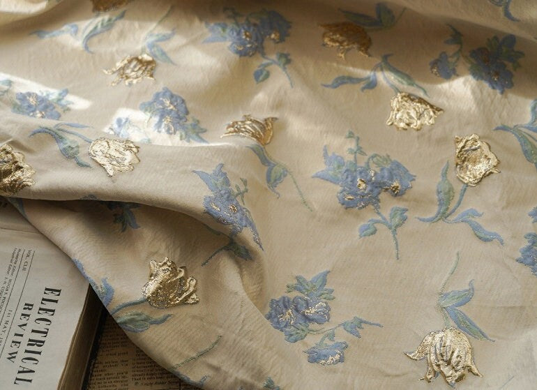 Golden Magnolia Jacquard Fabric: Embossed 3D Designer Fabric, 55" Wide