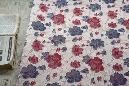 Reversible Jacquard Woven Fabric: Blue Red Embossed Flower, 60" Wide