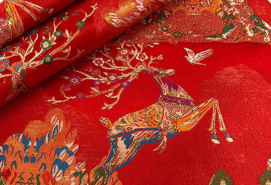 Christmas Reindeer Jacquard Brocade Fabric: Red Damask Sewing Material