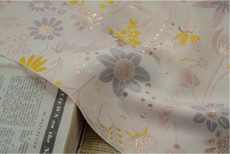 Light Pink Floral Jacquard Fabric: Gold Shimmering Embossed Woven, 57"W