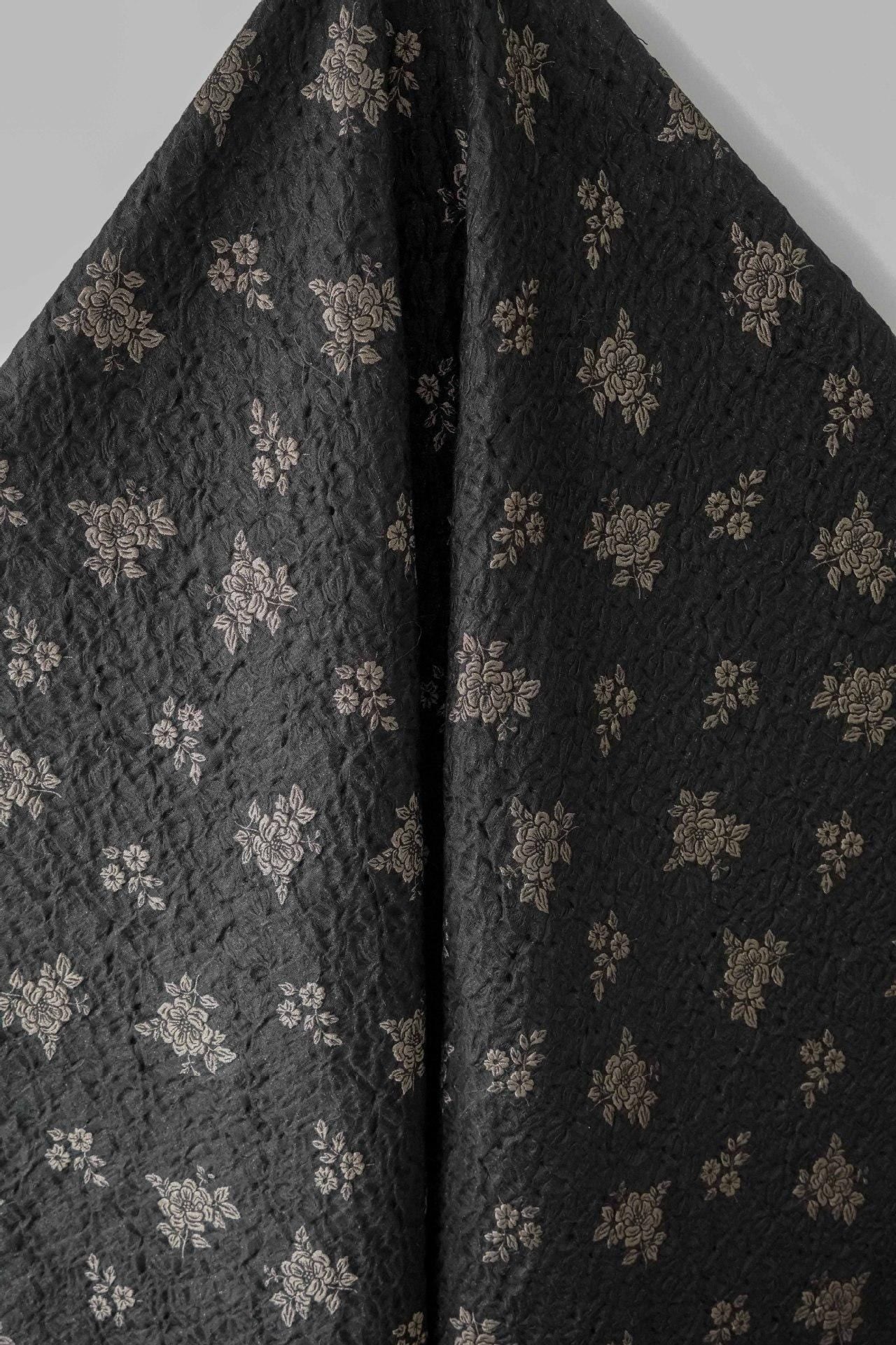Embossed Jacquard Fabric: Black with Brown Floral Design, 59" Wide