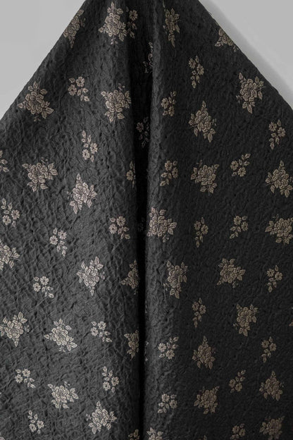 Embossed Jacquard Fabric: Black with Brown Floral Design, 59" Wide