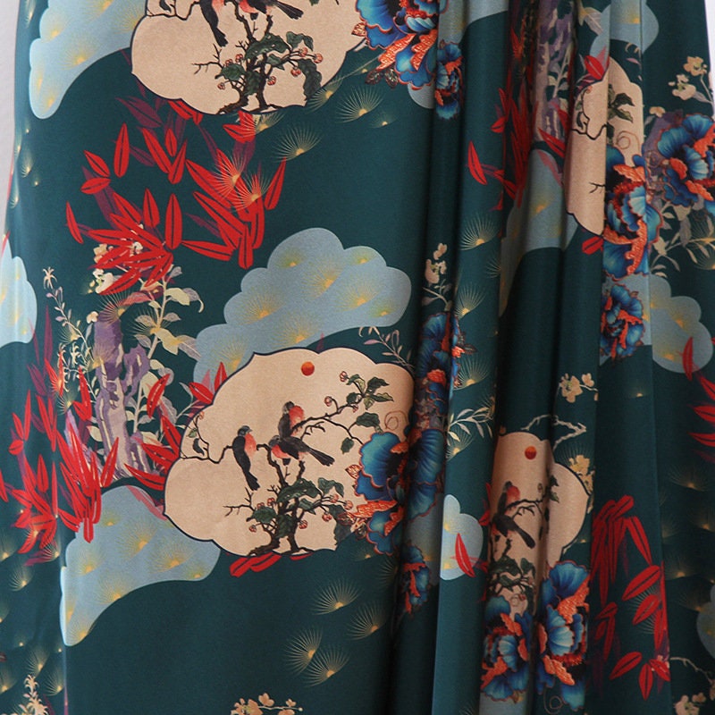 Tissu damassé en soie à motif floral et oiseaux - 150 cm de large, satin, gaze cantonaise gambierée