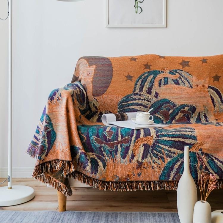 Halloween Sofa Throw Blanket: Black Cats & Pumpkins, Fringed Woven Rug