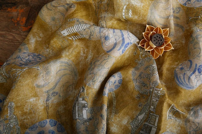 Ancient Building Print Ramie Fabric: Natural Fiber Sewing Material