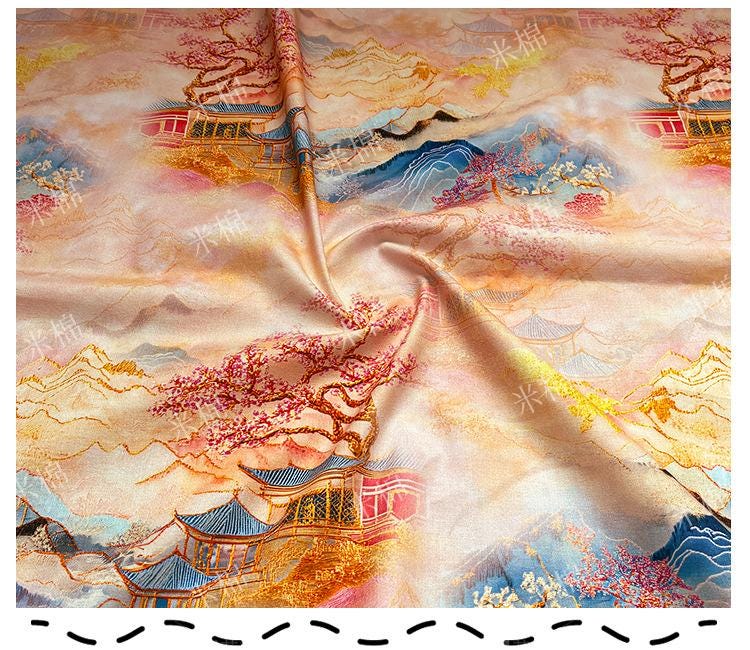 Oriental Landscape Cotton Fabric: Fairy Mountain Palace Print, Quilting Material (55"W)