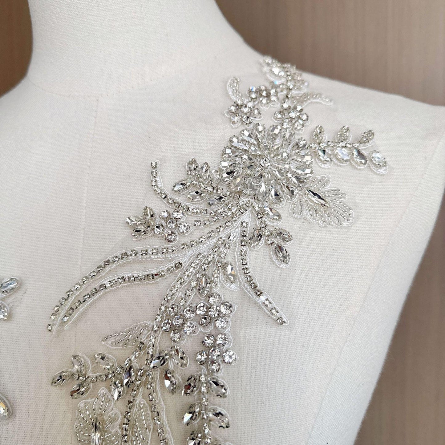 Embroidered Lace Trim with Rhinestones: Bridal Wedding Dress Applique