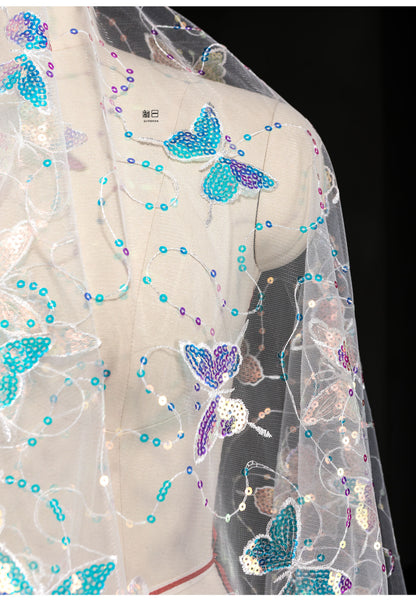 Butterfly Sequin Embroidered Mesh Fabric, See-Through Designer Fabric