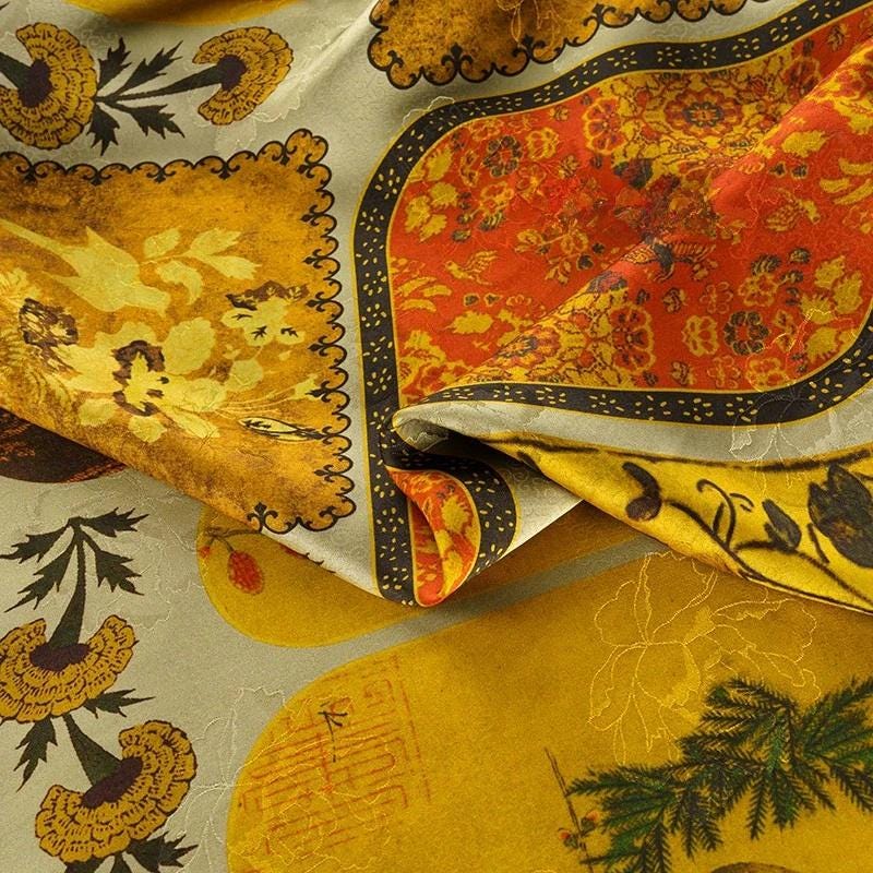 Ancient Dunhuang Tea Silk Satin Fabric: Floral Print, 59" Wide
