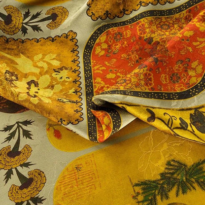 Ancient Dunhuang Tea Silk Satin Fabric: Floral Print, 59" Wide