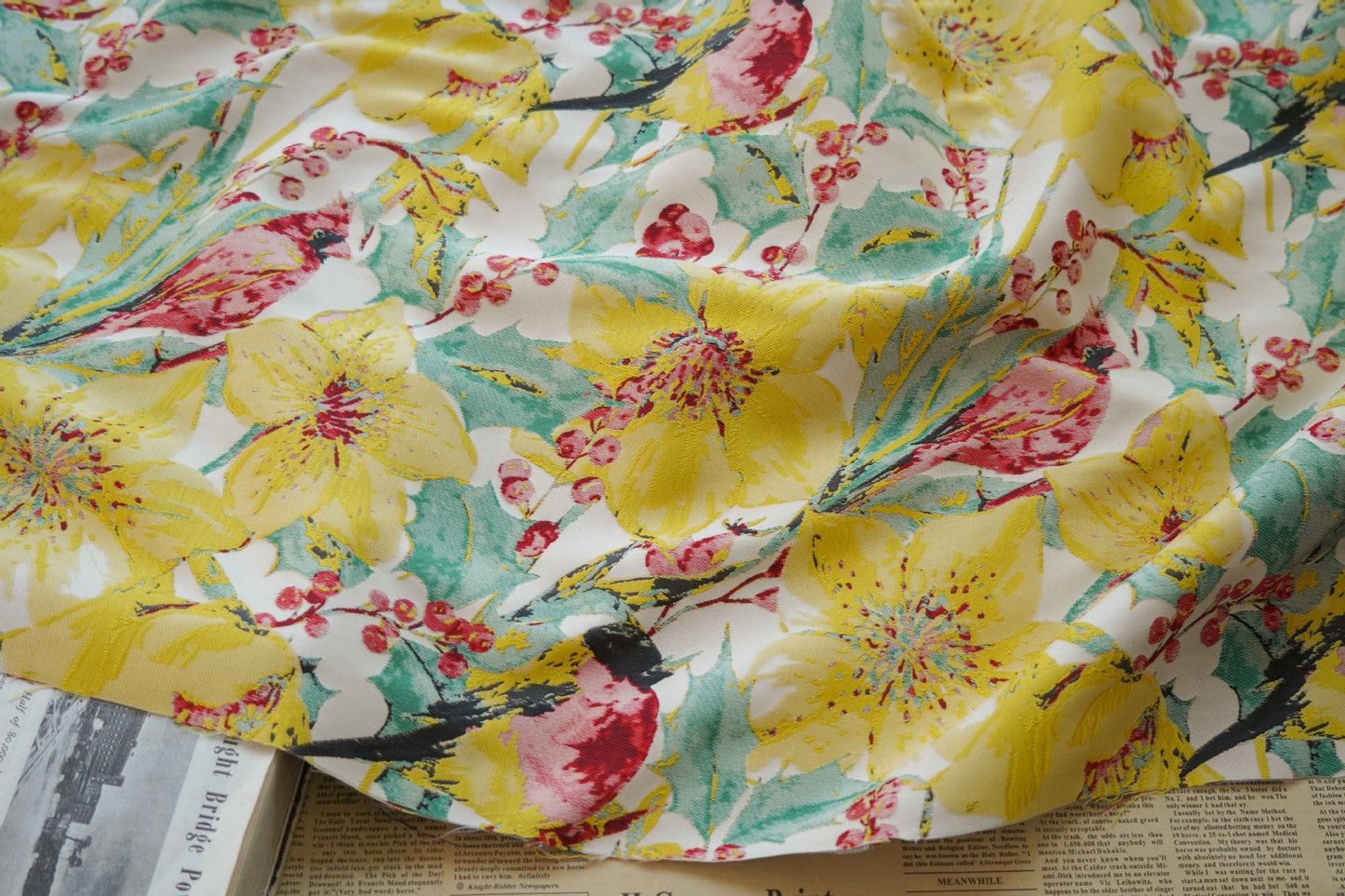 Floral Bird Jacquard Fabric: Bright Upholstery, Costume & Decor - 57"