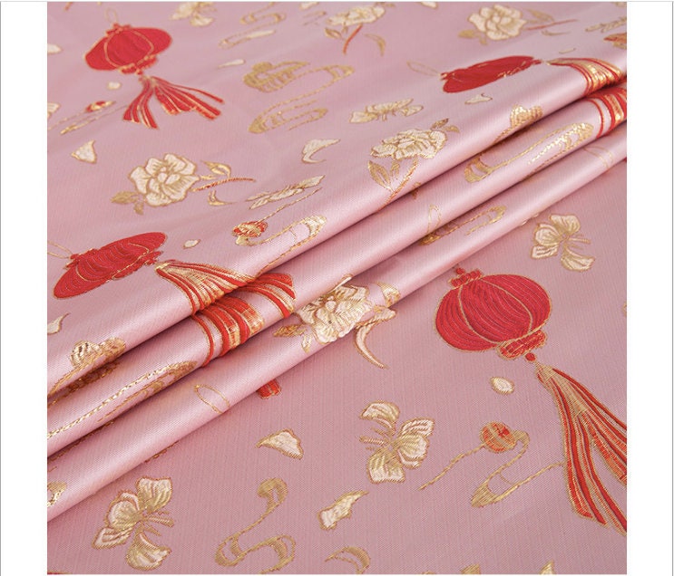 Pink Chinese Lantern Silk Brocade Fabric: Festival Upholstery, Quilting (57" W)