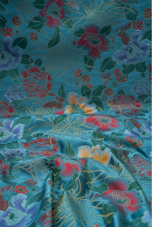Tissu brocart de soie à motif pivoine : 150 cm de large, pour ameublement et rideaux chinois